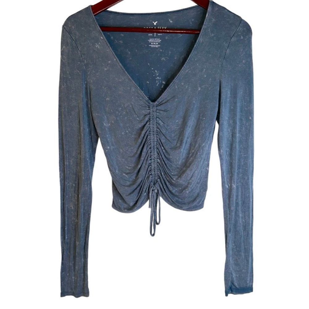American Eagle Womens M Soft & Sexy Acid Washed Ruched Tie Front Crop Top